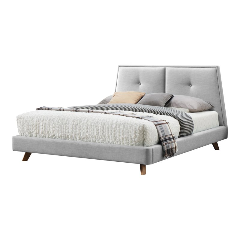 Omax Decor Kenzie Wood and Fabric Upholstered Queen Platform Bed in Light Gray