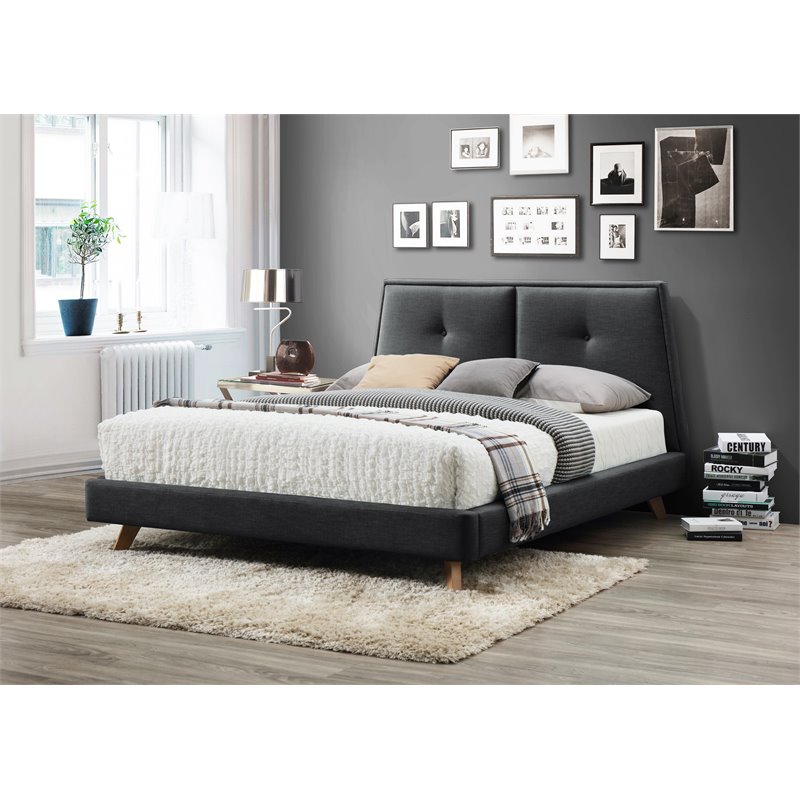Omax Decor Kenzie Wood and Fabric Upholstered Queen Platform Bed in Dark Gray