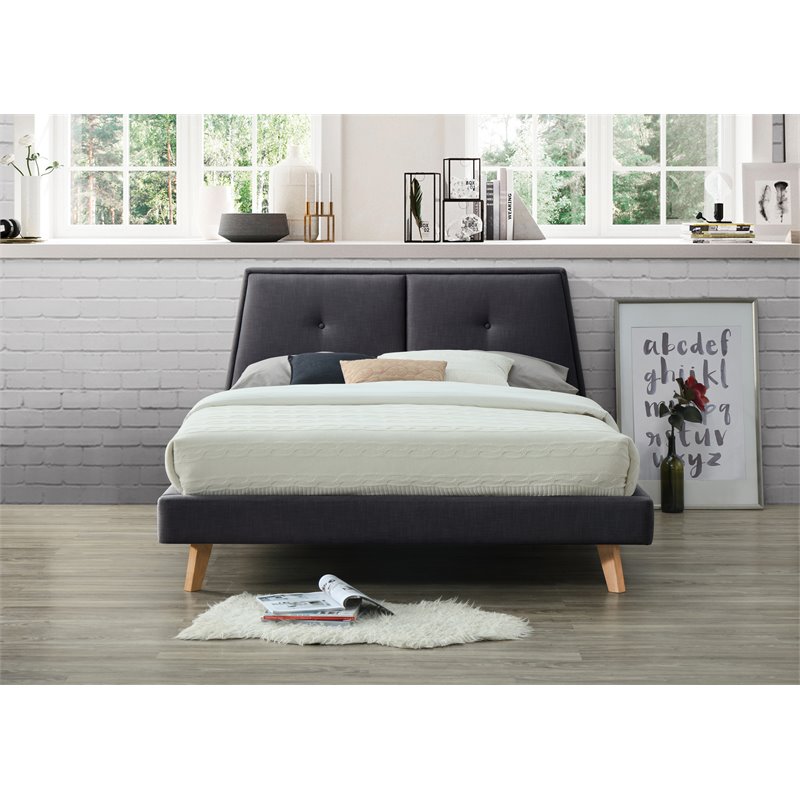 Omax Decor Kenzie Wood and Fabric Upholstered Queen Platform Bed in Dark Gray