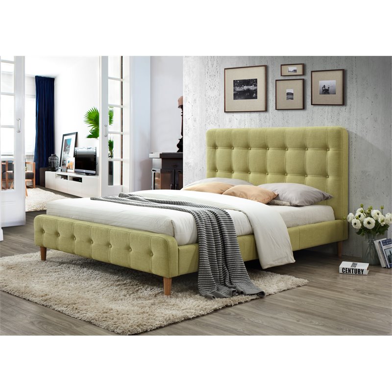 Omax Decor Wood & Fabric Upholstered Queen Platform Bed in Wheatgrass Green