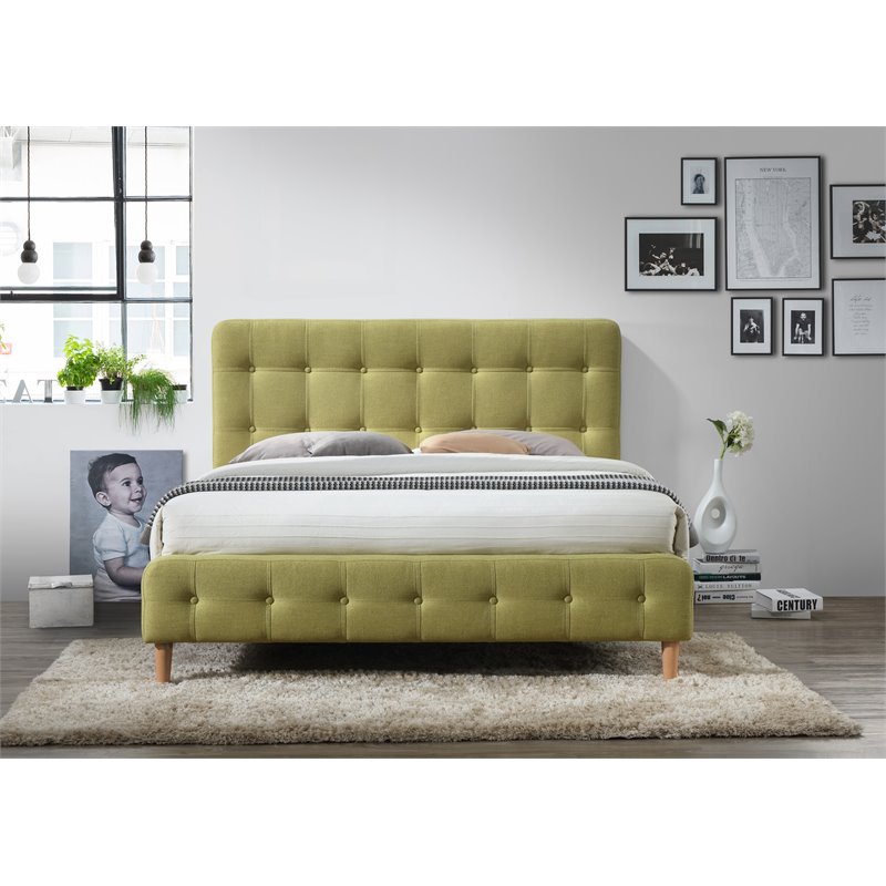 Omax Decor Wood & Fabric Upholstered Queen Platform Bed in Wheatgrass Green