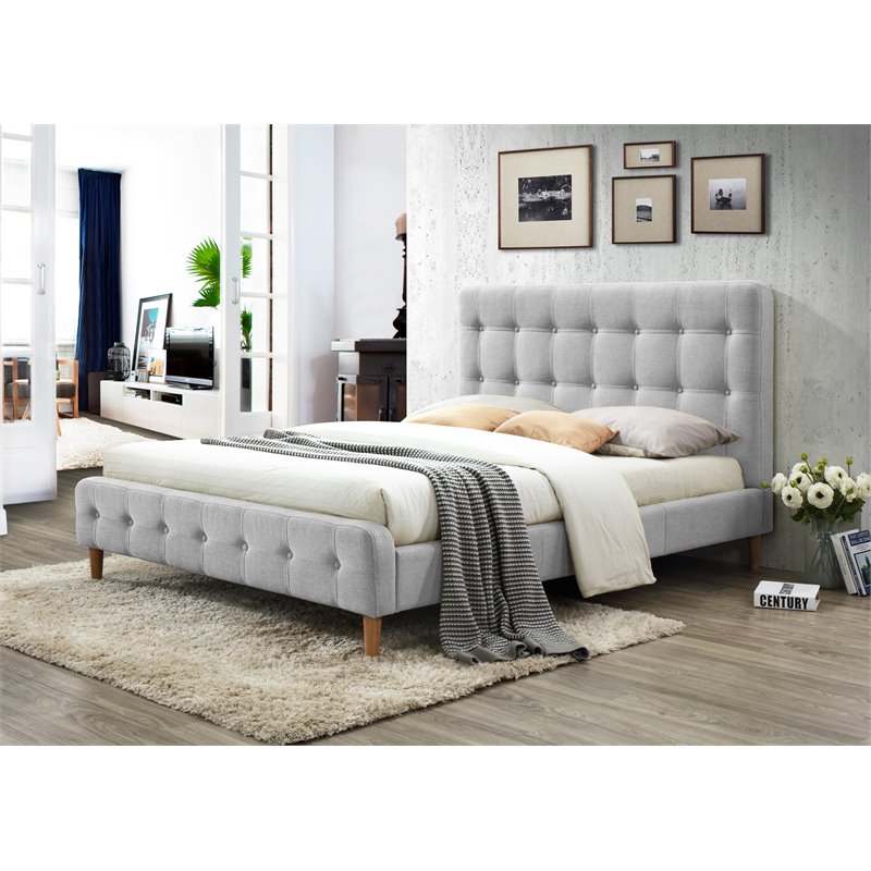 Omax Decor Wood & Fabric Upholstered Queen Platform Bed in Light Gray