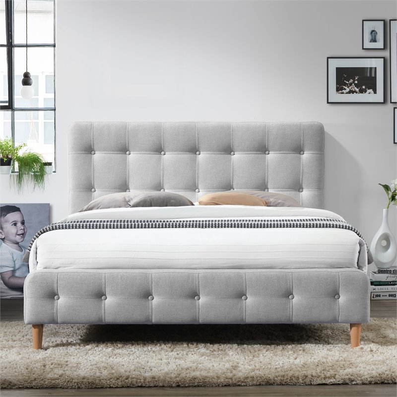 Omax Decor Wood & Fabric Upholstered Queen Platform Bed in Light Gray