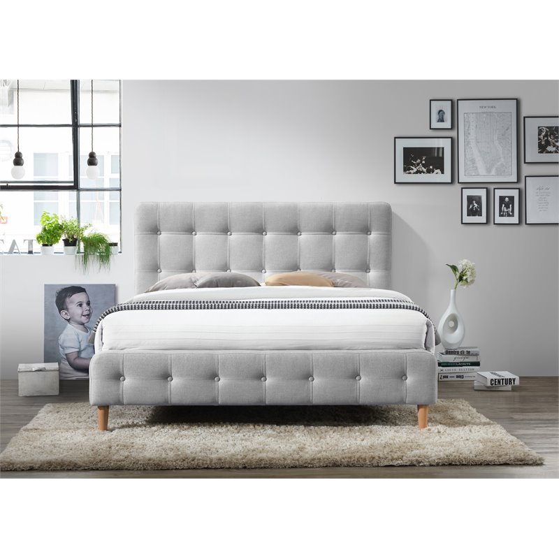 Omax Decor Wood & Fabric Upholstered Queen Platform Bed in Light Gray