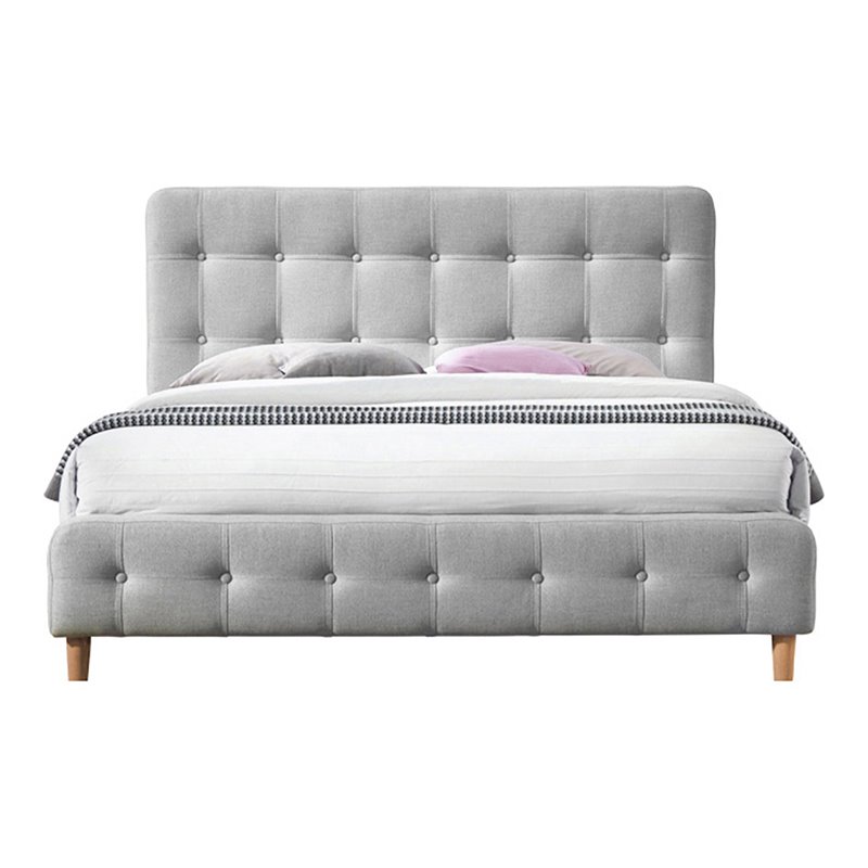 Omax Decor Wood & Fabric Upholstered Queen Platform Bed in Light Gray