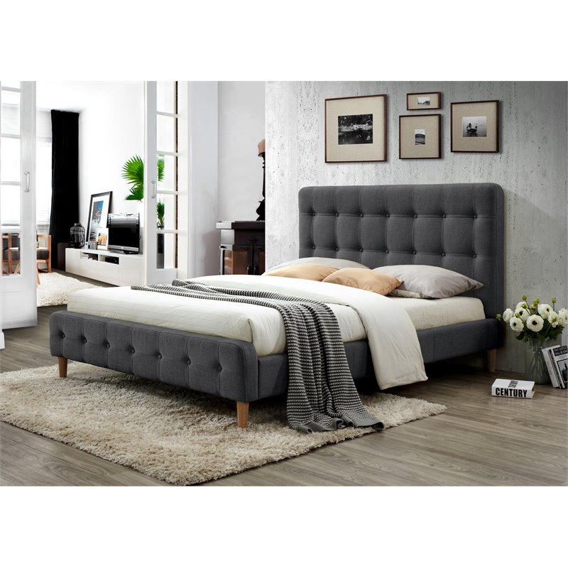 Omax Decor Wood & Fabric Upholstered Queen Platform Bed in Charcoal