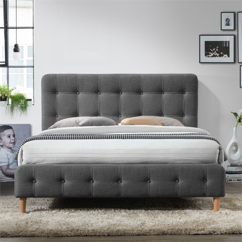 Omax Decor Wood & Fabric Upholstered Queen Platform Bed in Charcoal