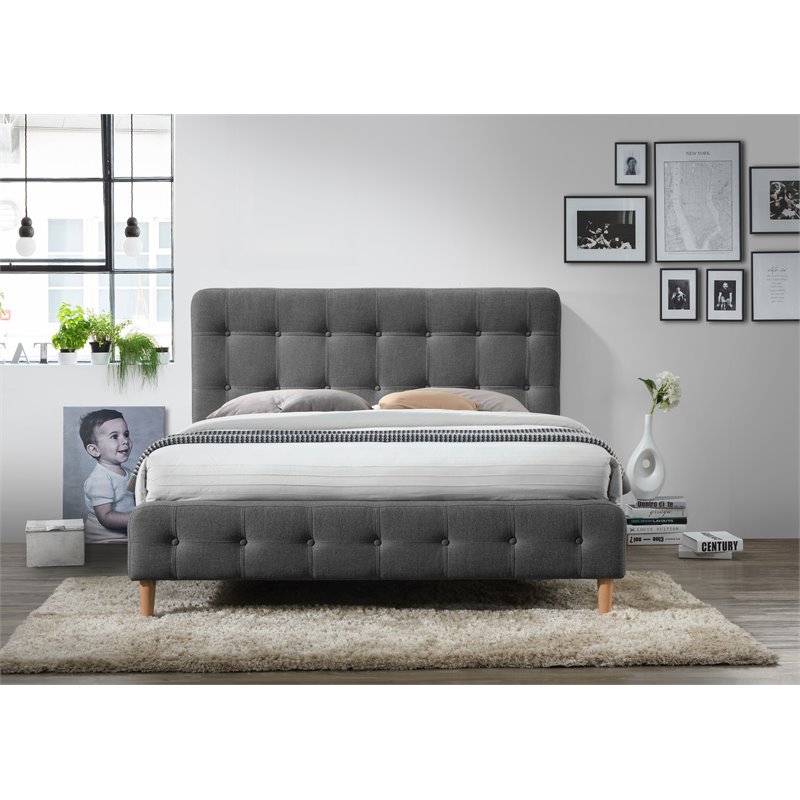 Omax Decor Wood & Fabric Upholstered Queen Platform Bed in Charcoal