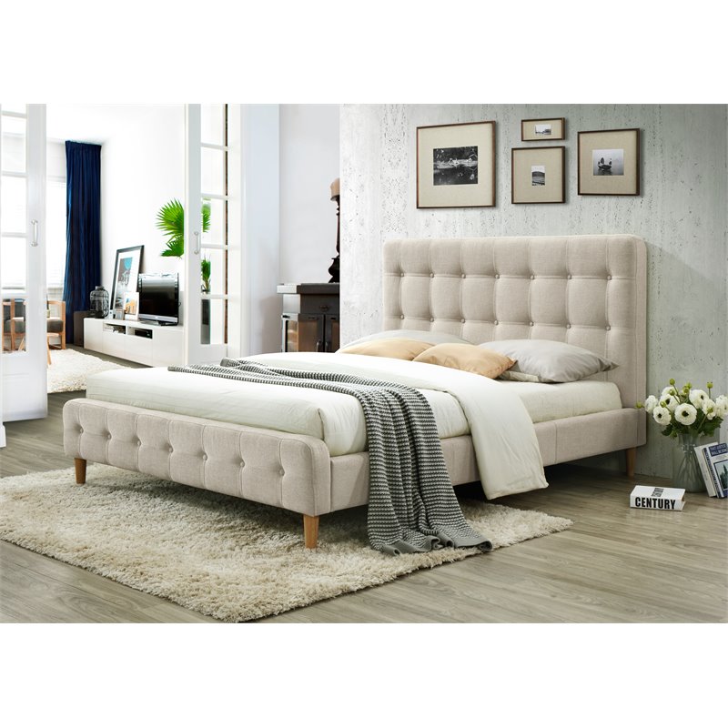 Omax Decor Wood & Fabric Upholstered Queen Platform Bed in Beige