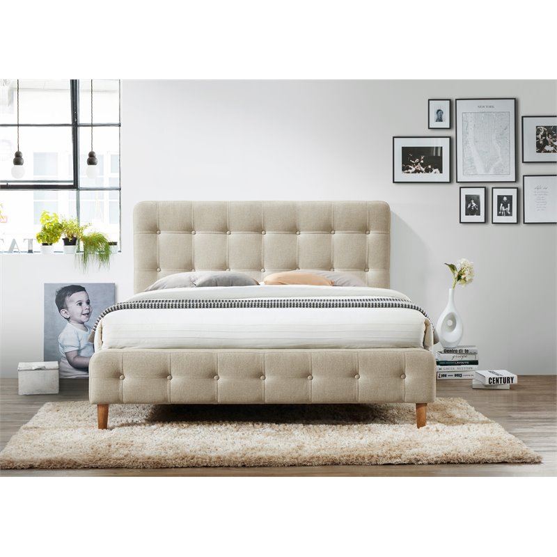 Omax Decor Wood & Fabric Upholstered Queen Platform Bed in Beige