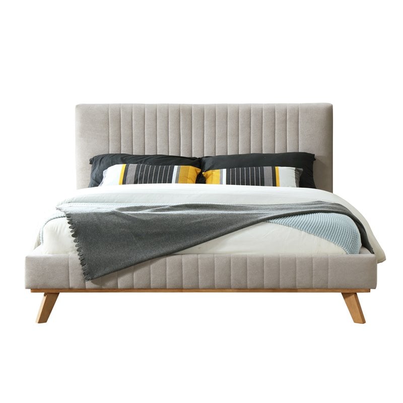 Omax Decor Sven Wood and Fabric Upholstered Queen Platform Bed in Taupe Gray