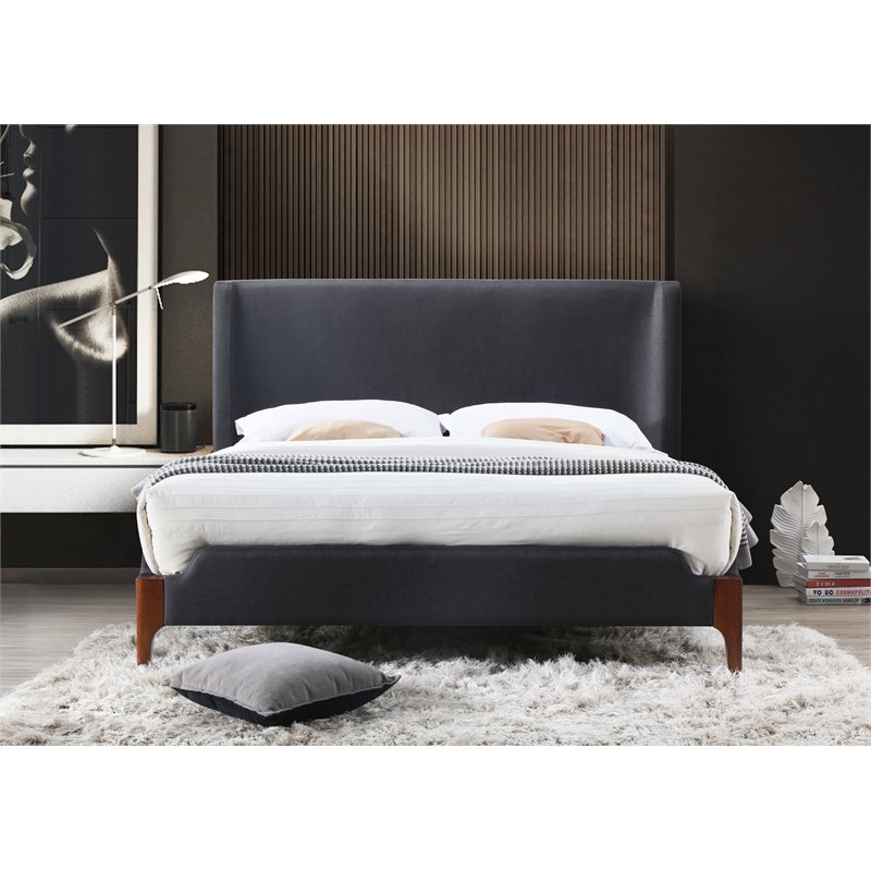 Omax Decor Harper Wood & Fabric Upholstered Queen Platform Bed in Charcoal Black