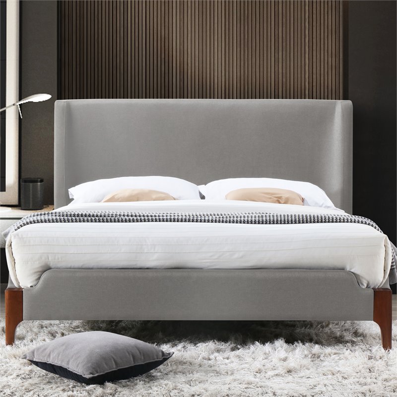 Omax Decor Harper Wood & Fabric Upholstered Queen Platform Bed in Gray