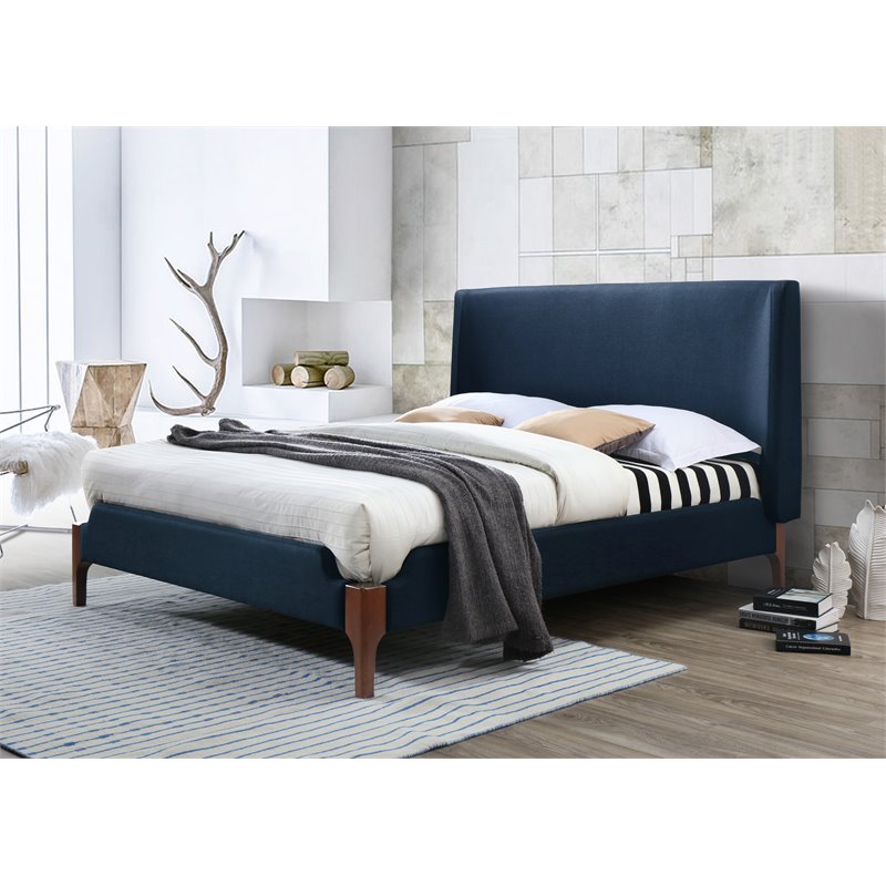 Omax Decor Harper Wood & Fabric Upholstered Queen Platform Bed in Blue