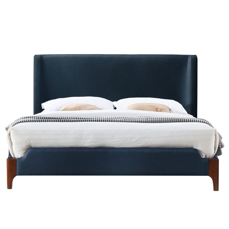 Omax Decor Harper Wood & Fabric Upholstered Queen Platform Bed in Blue