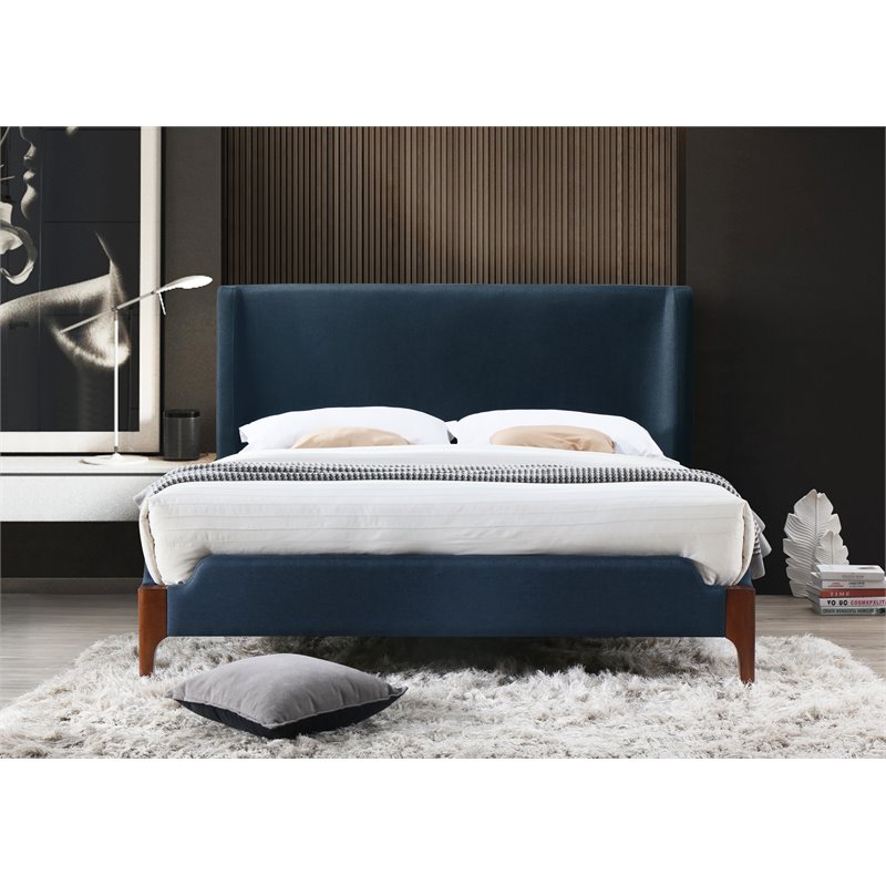 Omax Decor Harper Wood & Fabric Upholstered Queen Platform Bed in Blue