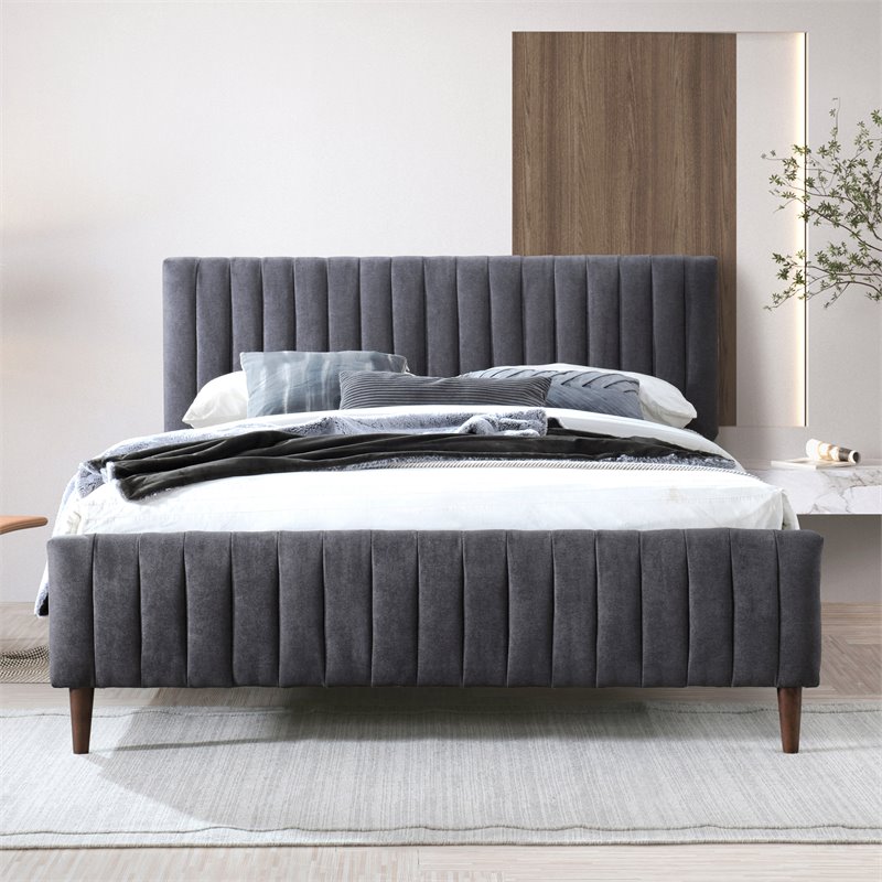Omax Decor Spencer Wood/Fabric Upholstered Queen Platform Bed in Dark Gray