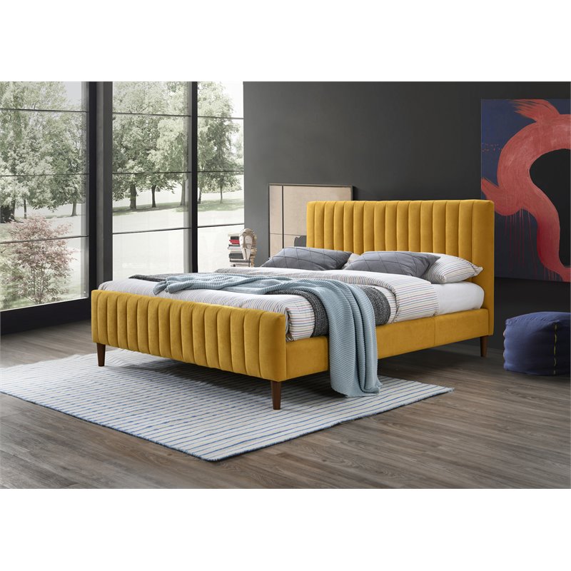 Omax Decor Spencer Wood/Fabric Upholstered Queen Platform Bed in Mustard Yellow