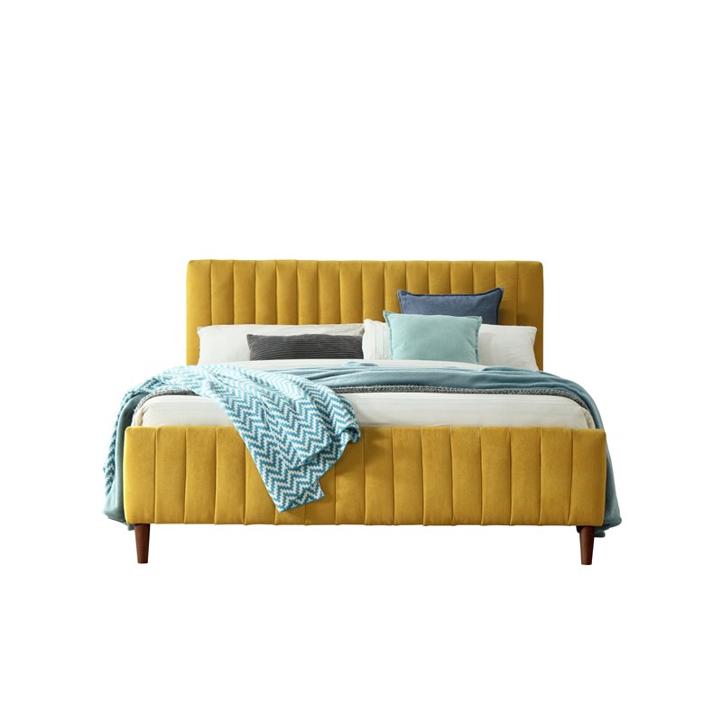 Omax Decor Spencer Wood/Fabric Upholstered Queen Platform Bed in Mustard Yellow