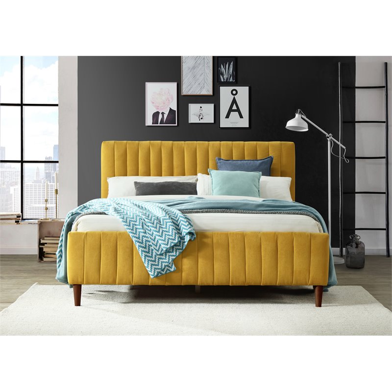 Omax Decor Spencer Wood/Fabric Upholstered Queen Platform Bed in Mustard Yellow