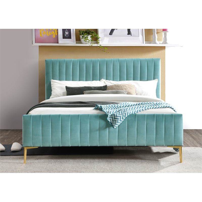 Omax Decor Julia Wood and Fabric Upholstered Queen Platform Bed in Turquoise