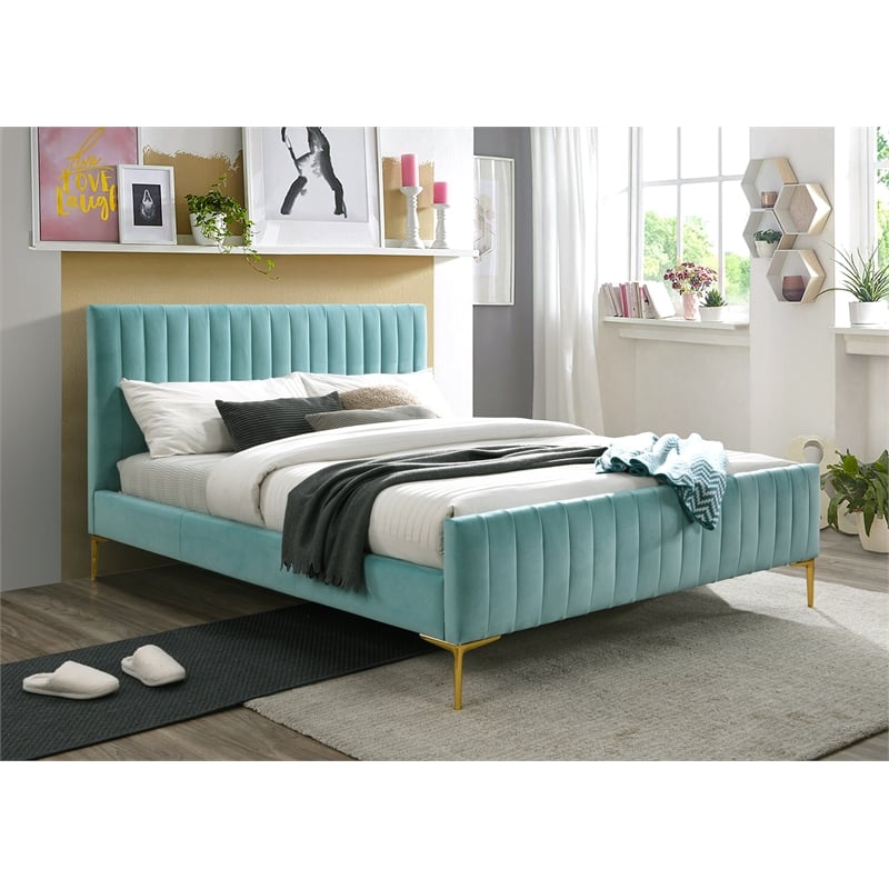 Omax Decor Julia Wood and Fabric Upholstered Queen Platform Bed in Turquoise