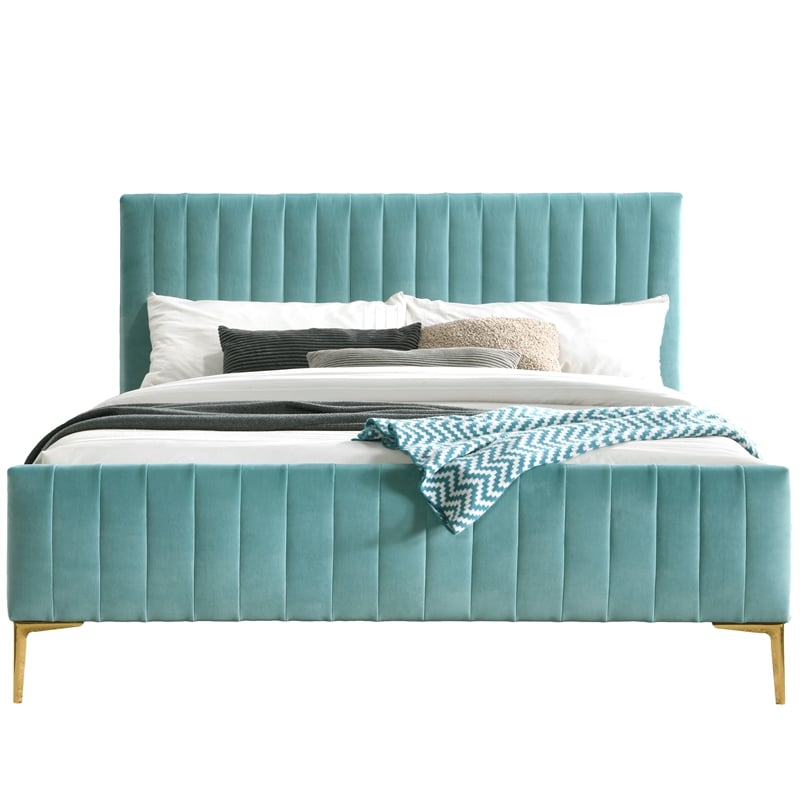 Omax Decor Julia Wood and Fabric Upholstered Queen Platform Bed in Turquoise