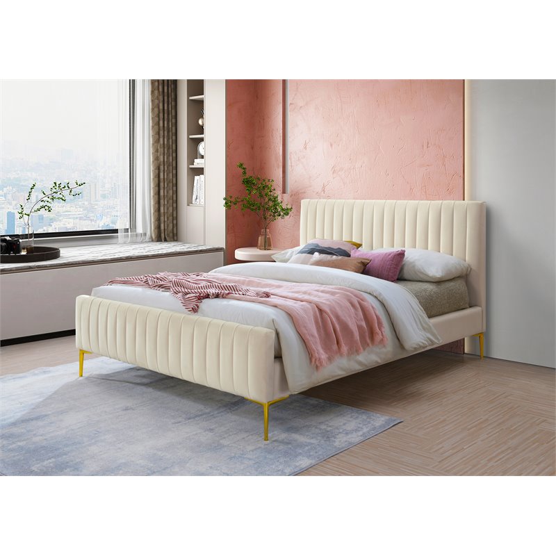 Omax Decor Julia Wood and Fabric Upholstered Queen Platform Bed in Ivory