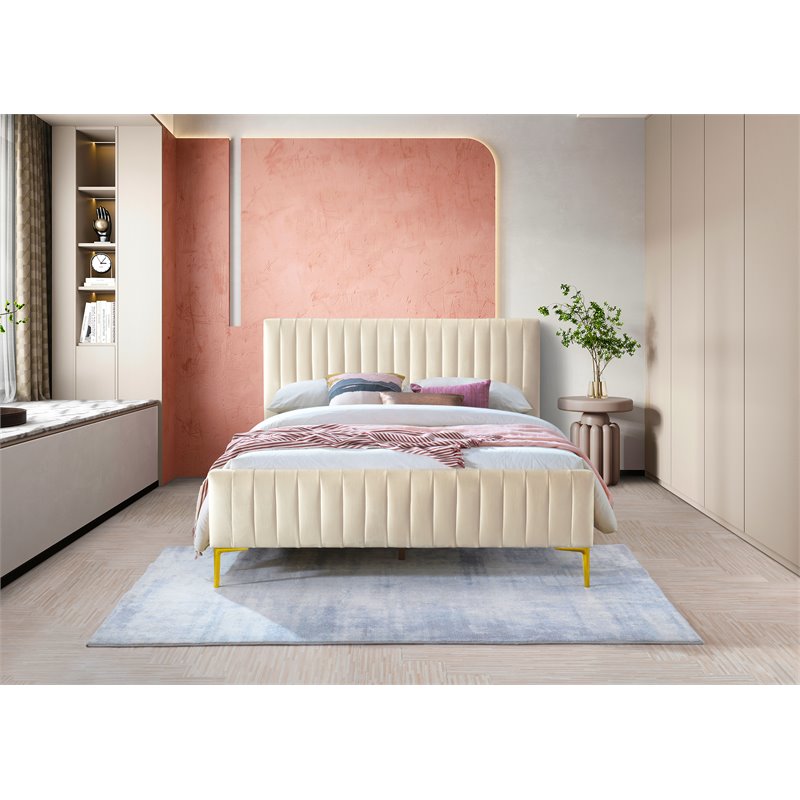 Omax Decor Julia Wood and Fabric Upholstered Queen Platform Bed in Ivory
