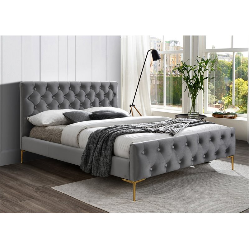 Omax Decor France Wood and Fabric Upholstered Queen Platform Bed in Charcoal