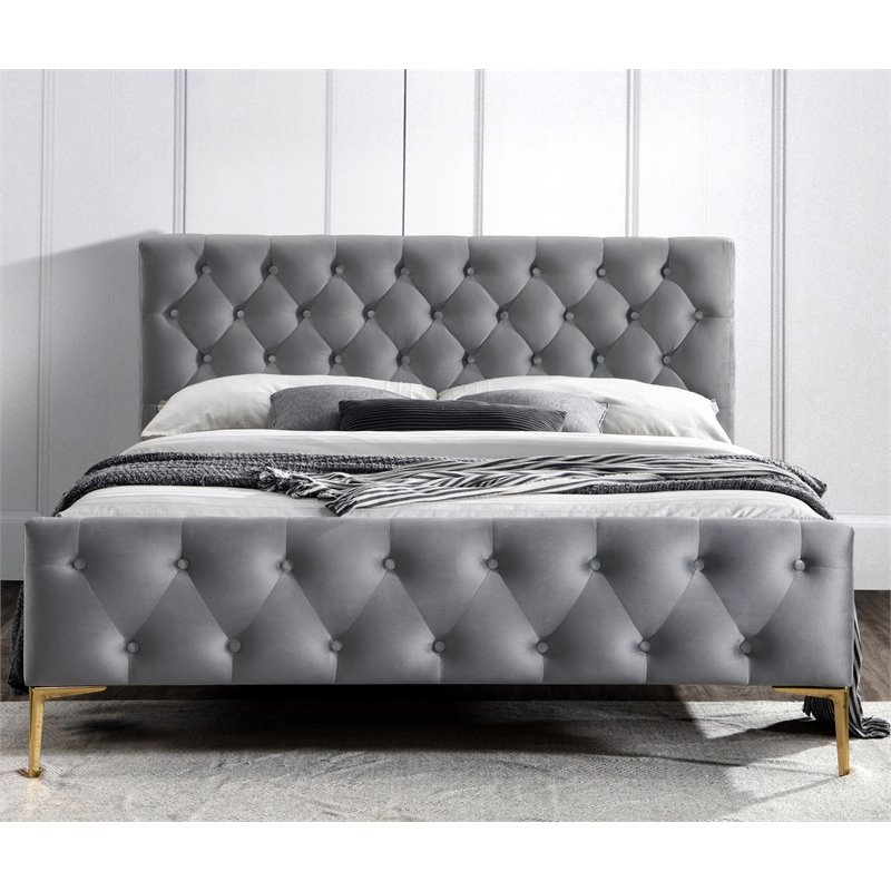 Omax Decor France Wood and Fabric Upholstered Queen Platform Bed in Charcoal