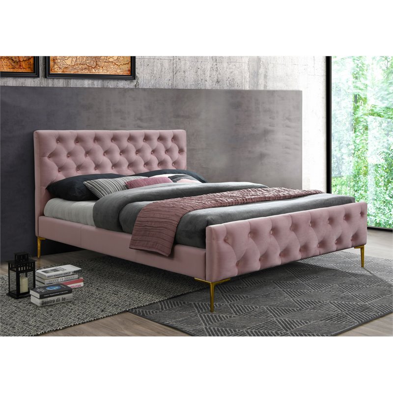 Omax Decor France Wood and Fabric Upholstered Queen Platform Bed in Blush Pink