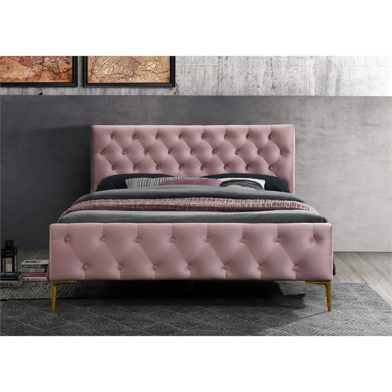 Omax Decor France Wood and Fabric Upholstered Queen Platform Bed in Blush Pink
