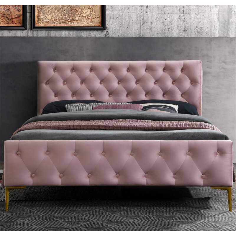 Omax Decor France Wood and Fabric Upholstered Queen Platform Bed in Blush Pink