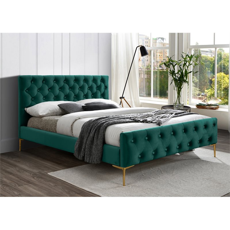 Omax Decor France Wood and Fabric Upholstered Queen Platform Bed in Green