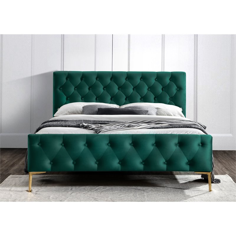Omax Decor France Wood and Fabric Upholstered Queen Platform Bed in Green