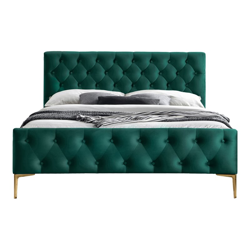 Omax Decor France Wood and Fabric Upholstered Queen Platform Bed in Green