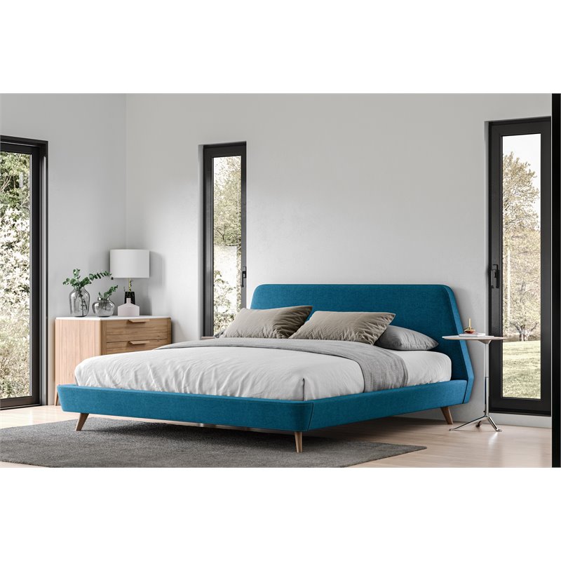 Omax Decor Henry Wood and Fabric Upholstered King Platform Bed in Blue