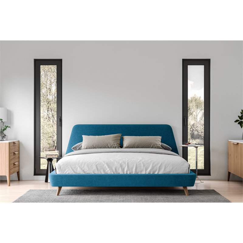 Omax Decor Henry Wood and Fabric Upholstered King Platform Bed in Blue