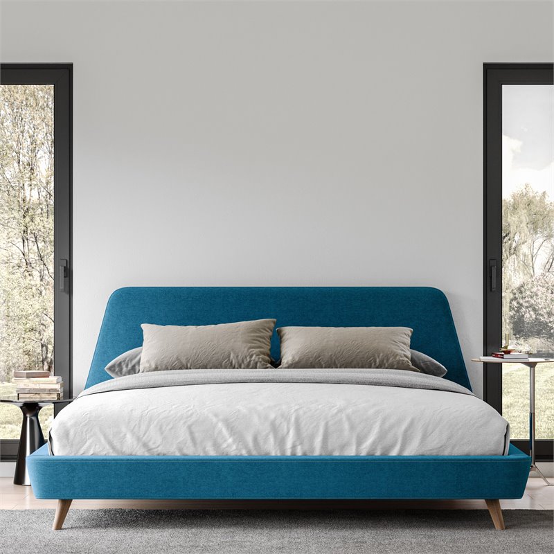 Omax Decor Henry Wood and Fabric Upholstered King Platform Bed in Blue