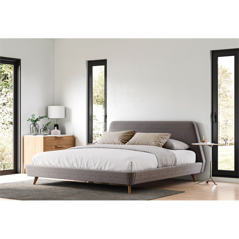 Omax Decor Henry Wood and Fabric Upholstered King Platform Bed in Gray