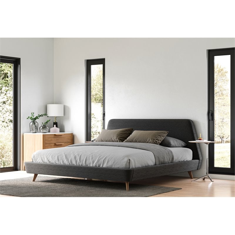 Omax Decor Henry Wood and Fabric Upholstered King Platform Bed in Dark Gray