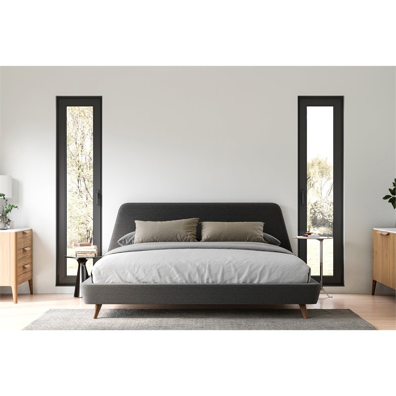 Omax Decor Henry Wood and Fabric Upholstered King Platform Bed in Dark Gray