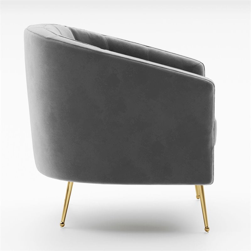 Omax Decor Sven Barrel Steel/Velvet Accent Chair with Gold Legs in Gray
