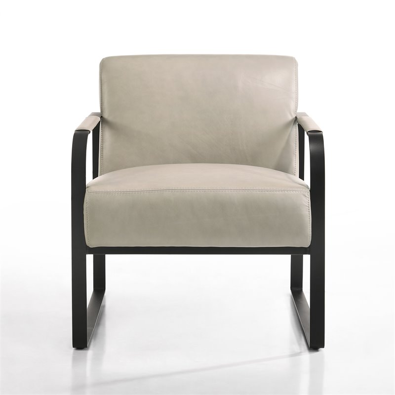 Omax Decor Mason Steel/Genuine Leather Lounge Accent Chair in Stone/Black