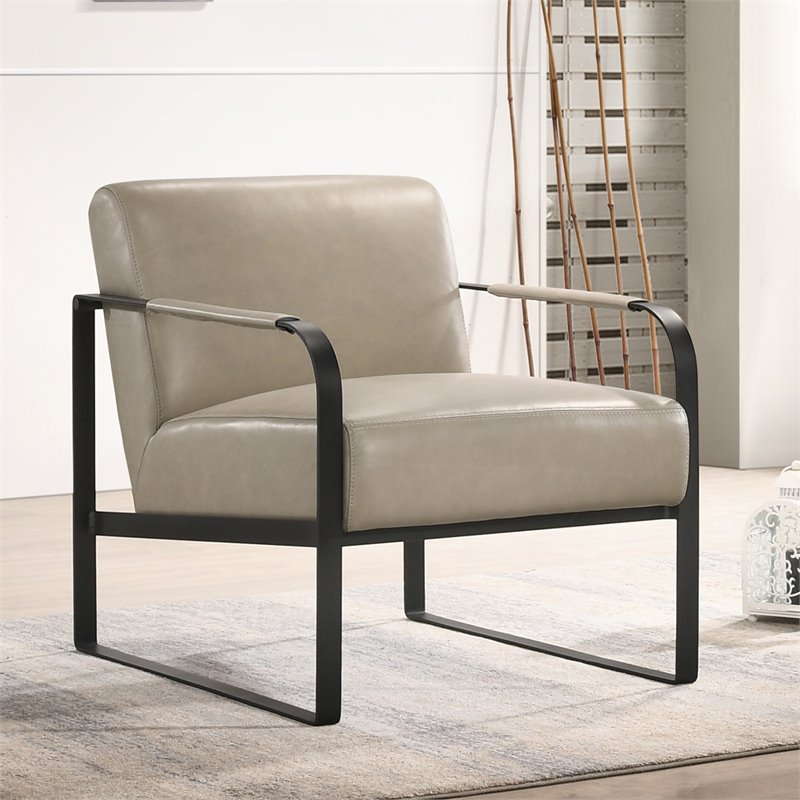 Omax Decor Mason Steel/Genuine Leather Lounge Accent Chair in Stone/Black