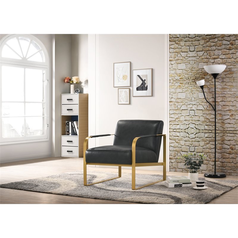 Omax Decor Mason Steel/Genuine Leather Lounge Accent Chair in Black/Gold