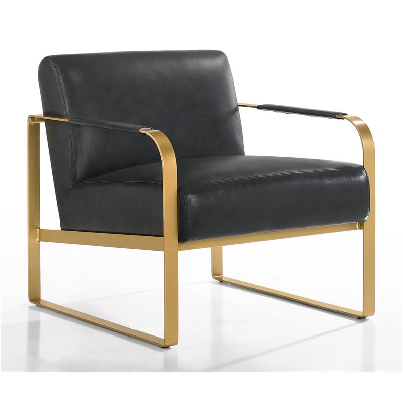 Omax Decor Mason Steel/Genuine Leather Lounge Accent Chair in Black/Gold