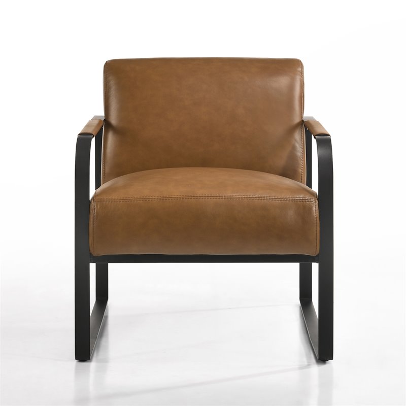 Omax Decor Mason Steel/Genuine Leather Lounge Accent Chair in Caramel/Black