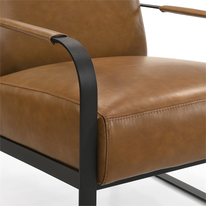 Omax Decor Mason Steel/Genuine Leather Lounge Accent Chair in Caramel/Black